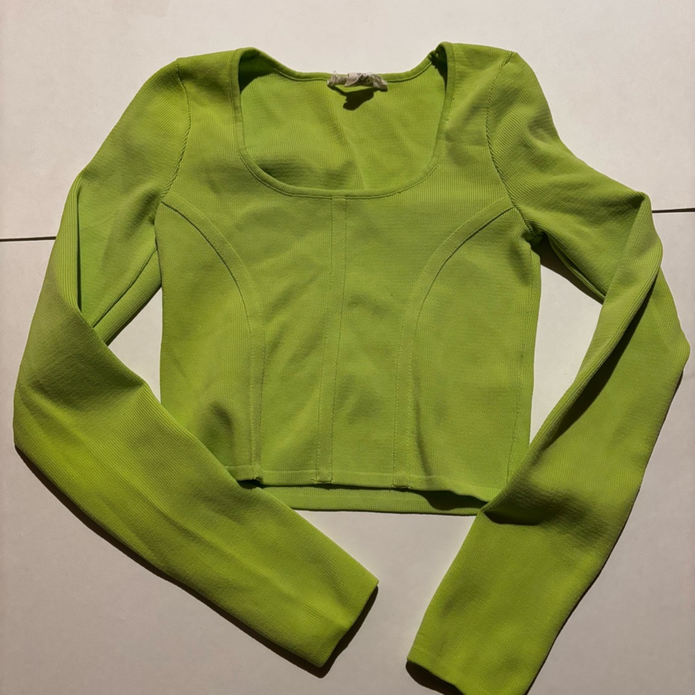 happily grey green long sleeve crop top with corset detailing